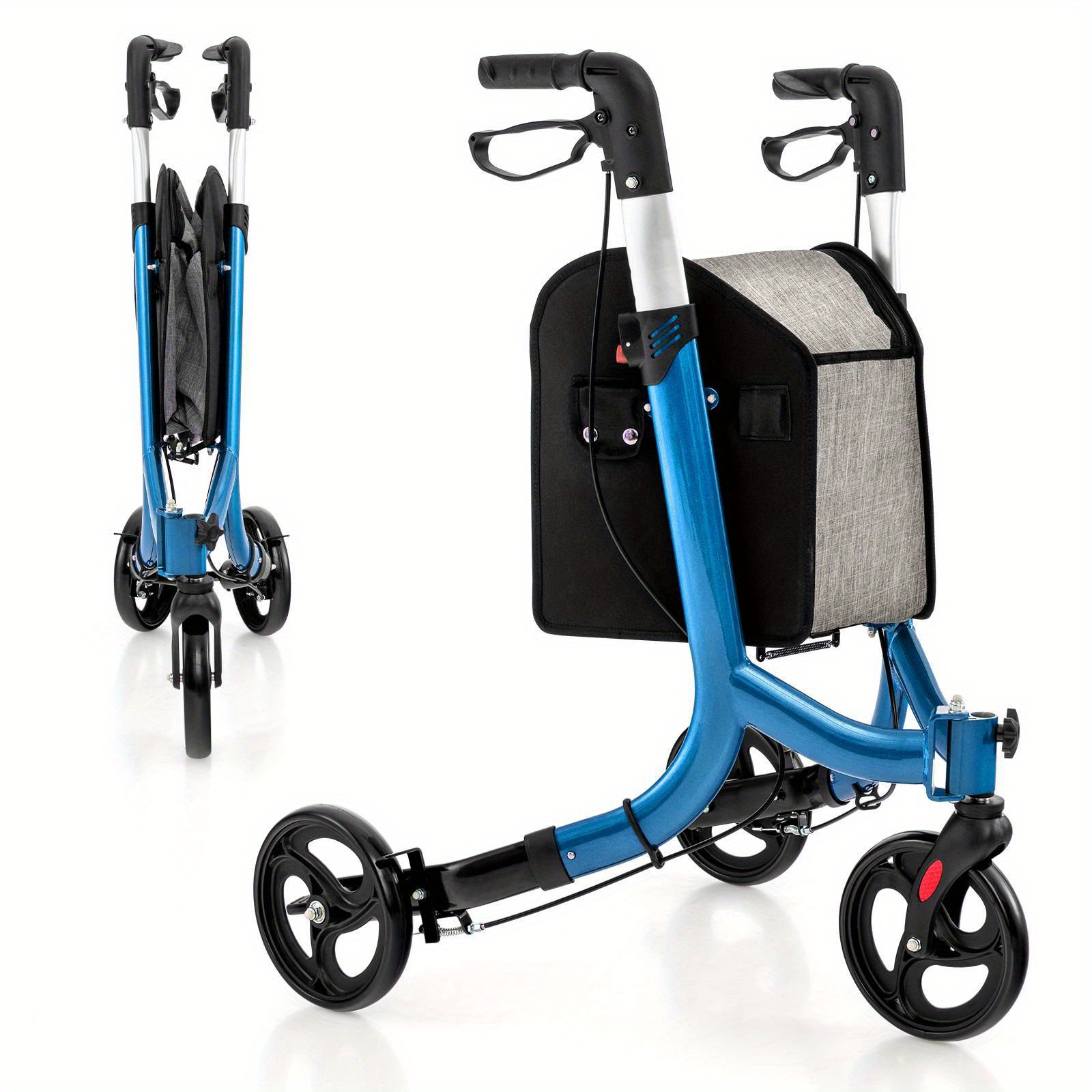 TANGKULA Heavy-Duty Foldable 3-Wheel Rollator Walker with Locking Brake System, 6-Level Adjustable Handle, Lightweight Aluminum Frame & Large Wheels - Portable Rolling Walker with Zippered Storage Bag for,, Home, Nursing Homes - Supports 300 lbs (136kg) - Blue, Foldable Walker for Seniors, Walker with Wheels And Seat, Walker for Seniors with Wheels, Mobility Walker for Plus Size Seniors, Seated Walker Plus Size - Image 2