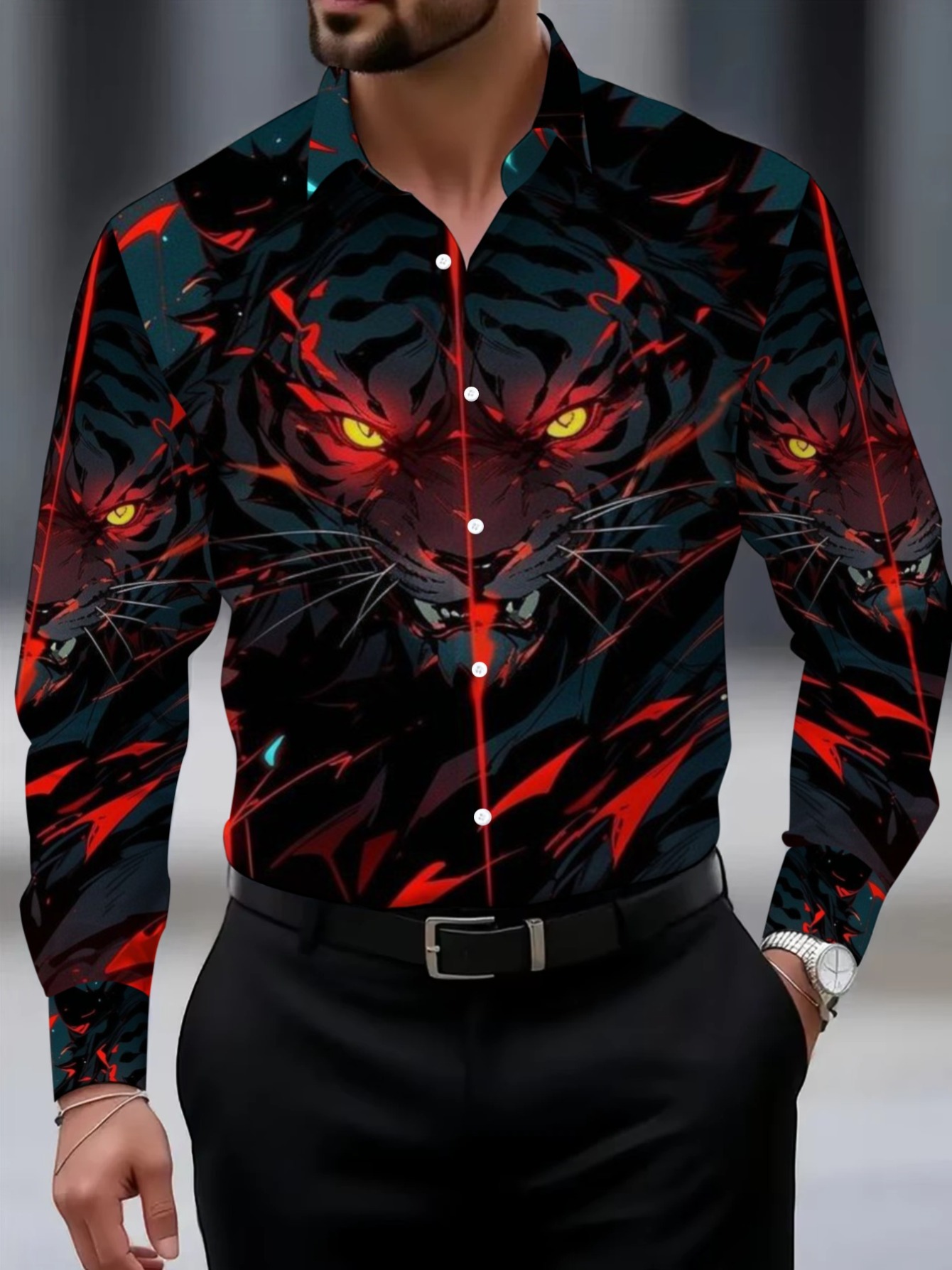 photo de l'article chemise à manches longues pour homme à imprimé tigre avec motif    ,   pour   décontractées et les  , vêtement   et élégant