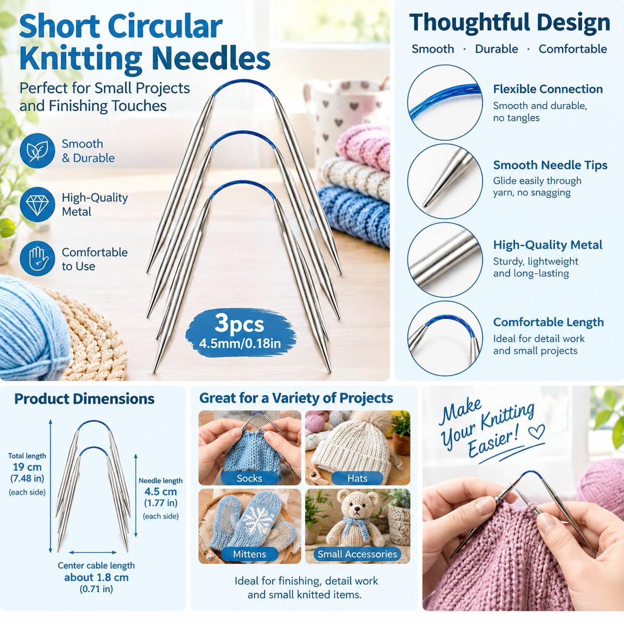 Flexible Double-Pointed Knitting Needles Set, 9 Inch