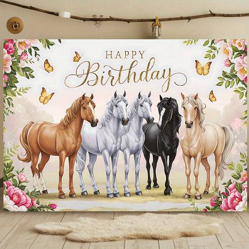 2d flat 1pc horse themed birthday banner with 5 horse cutouts design vibrant floral pastel colors pink brown white black beige happy birthday lettering durable wall decoration for room horse party decorations birthday party backdrop ideal gift for graduation christening confirmations tailgate parties easy to hang banner 2d flat