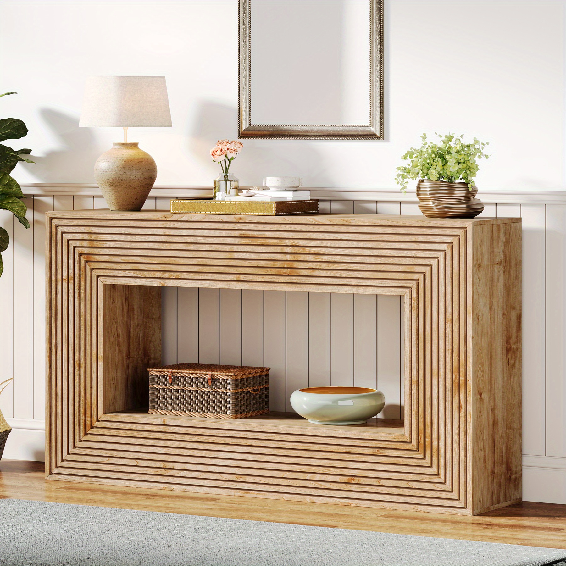 Wood Console Table for Living Room, Farmhouse Fluted Entryway Table with Storage, 59-Inch Long Sofa Table Behind Couch, Accent Entrance Furniture for Foyer, Hallway, Natural