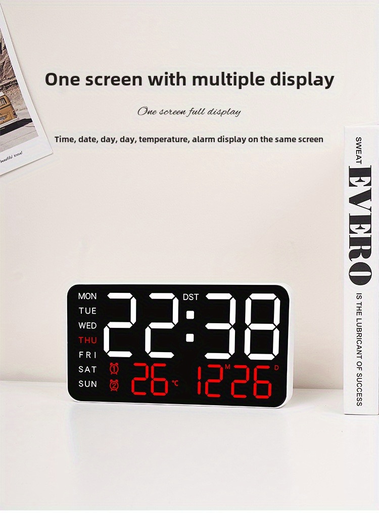 LED digital wall clock with temperature display, date and working day - dual alarm clock, 12/24-hour format, perpetual calendar, rectangular, battery powered (AAA) - perfect for bedroom decoration