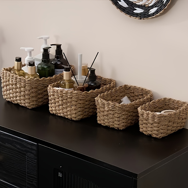 4pcs Woven Storage Basket, Decorative Storage Baskets Set, Multifunctional Storage Box, Storage Rack, Bathroom Bedroom Living Room Accessories, Home Organization And Storage Supplies, Room Decor, Shelf Baskets