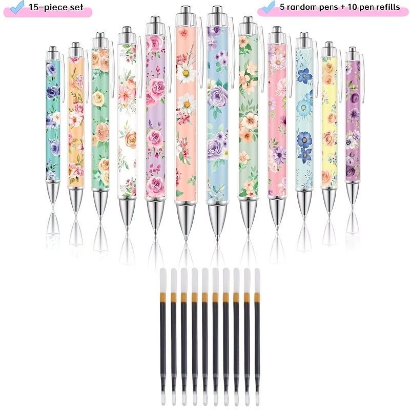 TEMU 15pcs Set Colorful Floral Ballpoint Pens - 5 Random Pens + 10 Refills. Stylish And Beautiful Women's Fountain Pens, Retractable Black Ink Pens