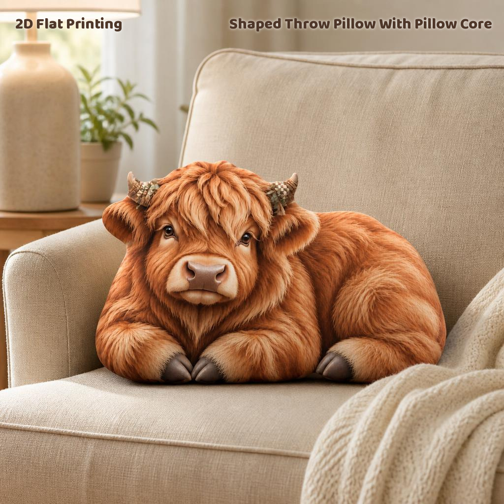 TEMU Highland Cow Resting Rustic Farm Animal Cozy, 2d Flat Printing Shaped Stuffed Throw Pillow Decorative Cushion Pillow For Gift Bedroom Sofa Room