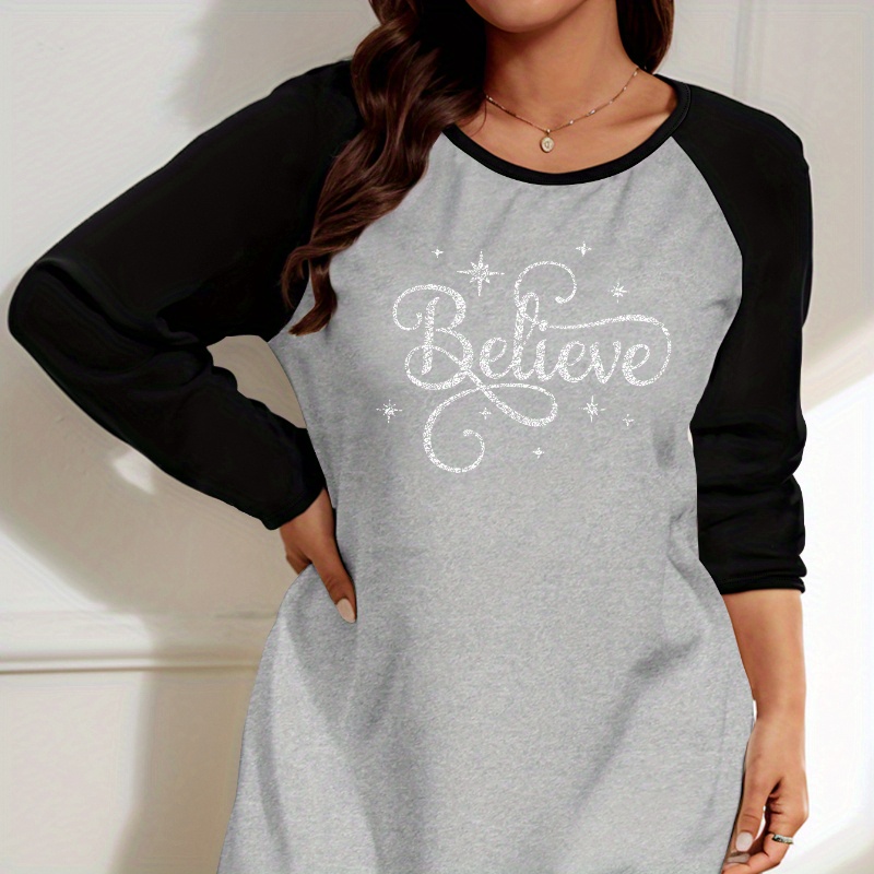 

Women's Comfy Letter Print Nightgown - Long Sleeve, Round Neck, Stretchy Polyester Sleep Dress