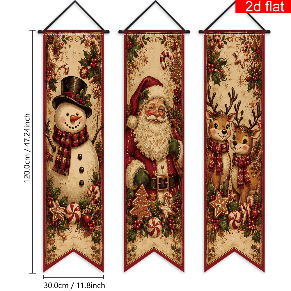 TEMU 2d Flat, 2d Flat Banner, 3pcs, Retro Christmas Three-panel Front Porch Sign Banner,, Santa Claus, Snowman, Reindeer Front Door Banners, Holly