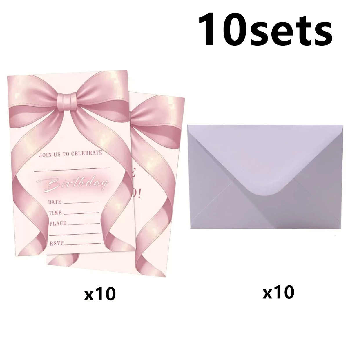 TEMU 10sets, Pink Bow Birthday Party Invitations With Envelope, Pink Large Design With Decorations, , , Family, Adult Celebrations Invites, Birthday