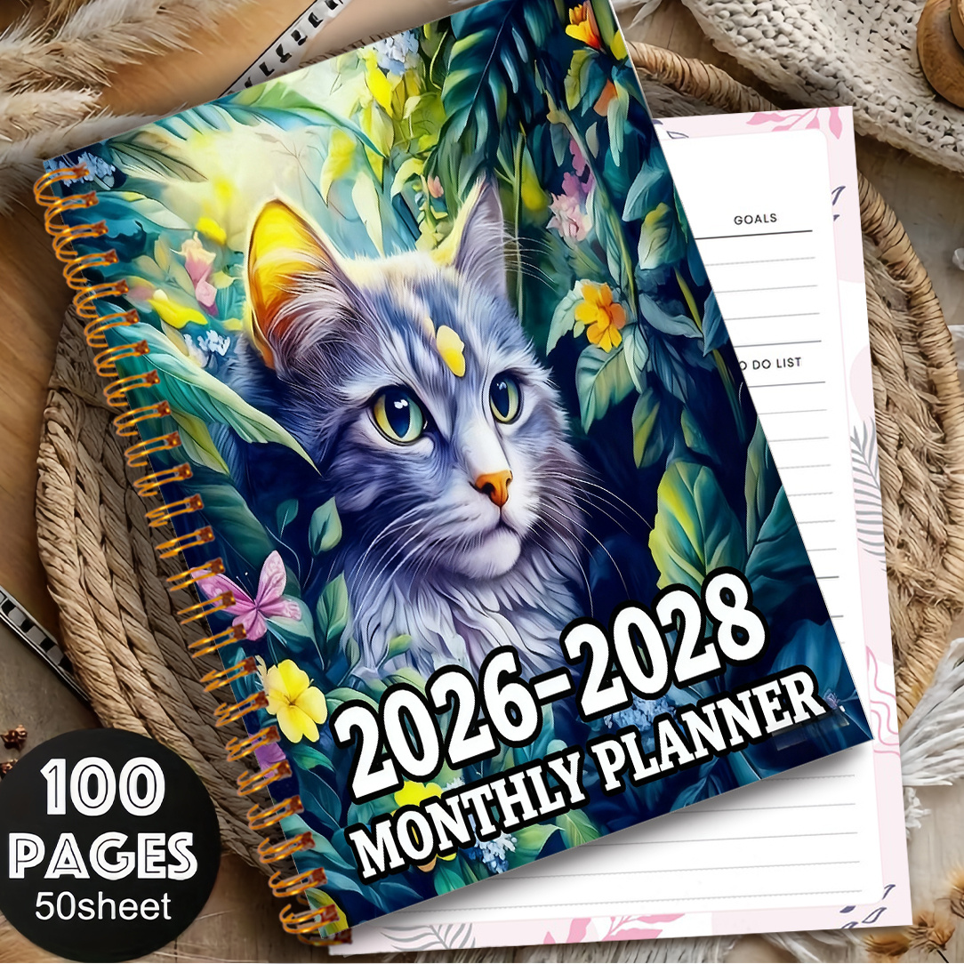 TEMU 1pc 2026-2028 3-year Planner - Elegant Kitten Design, Weekly And Monthly Layout, Spiral Bound Planner Notebook, Suitable For Office, School,