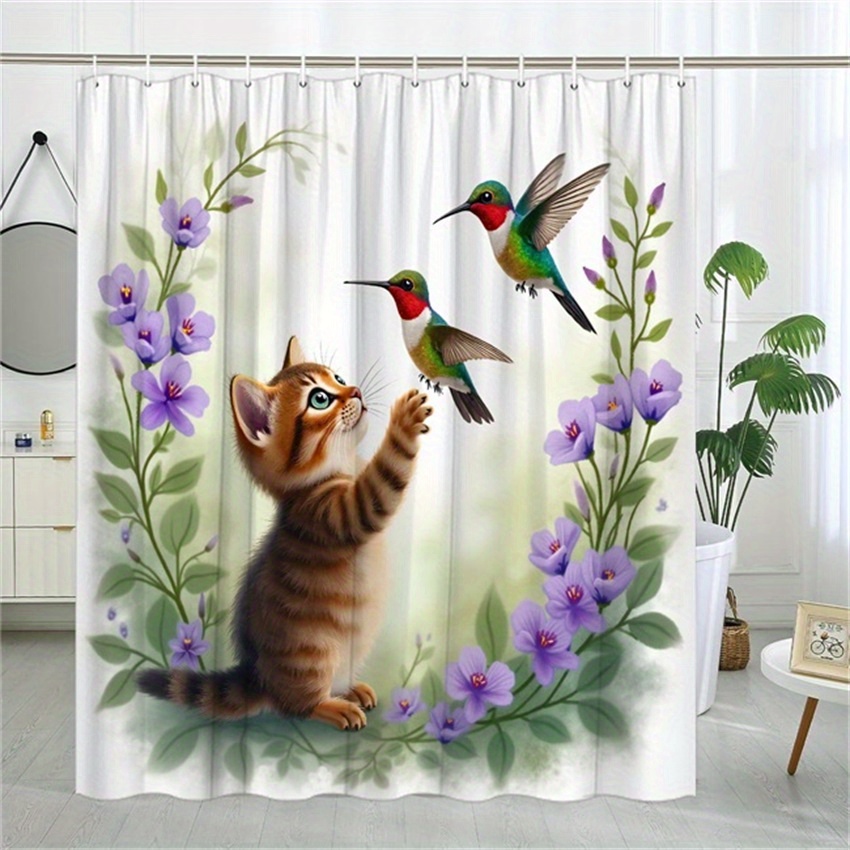 TEMU 1pc Rideau de douche Tabby Kitten Whimsical avec des colorés et des fleurs de lavande violettes - Décoration de salle de bain de style aquarelle
