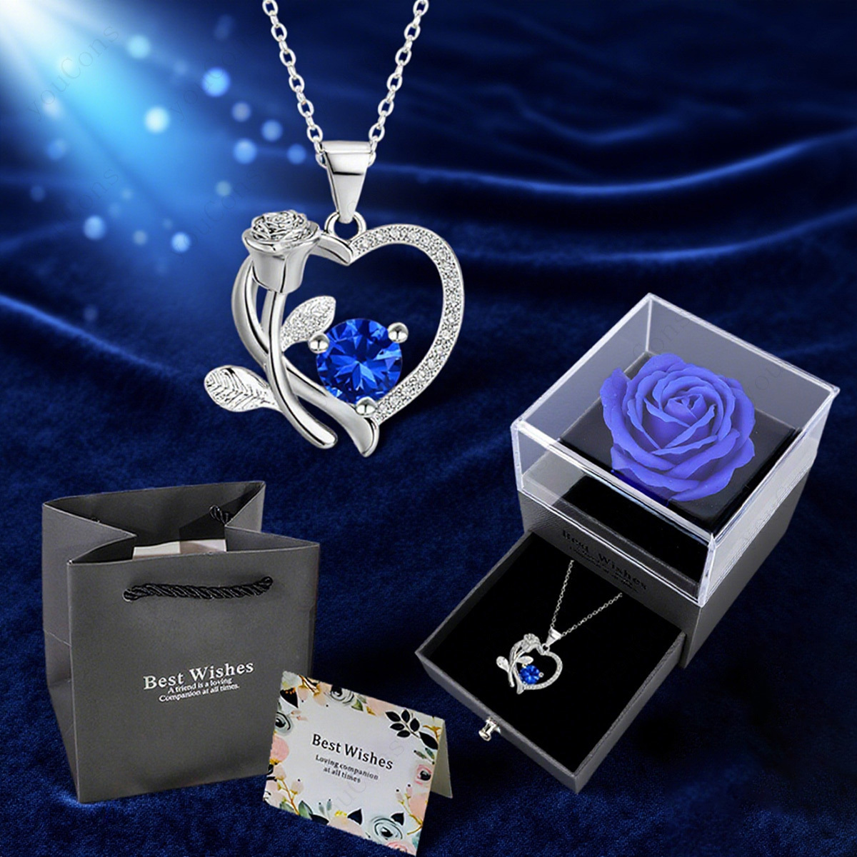 Women's Luxurious Deep Blue Synthetic Zirconia Heart Rose Pendant Necklace