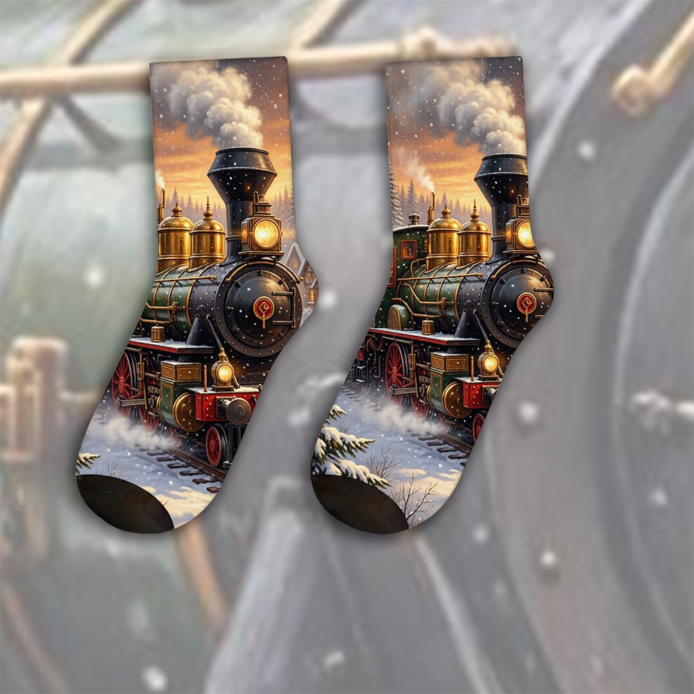 TEMU A Unique Pair Of Socks Designed With Vintage Steam Train In Winter Christmas Landscape For Women& Men, Sock| Ideal For Party Costume, Gifts,