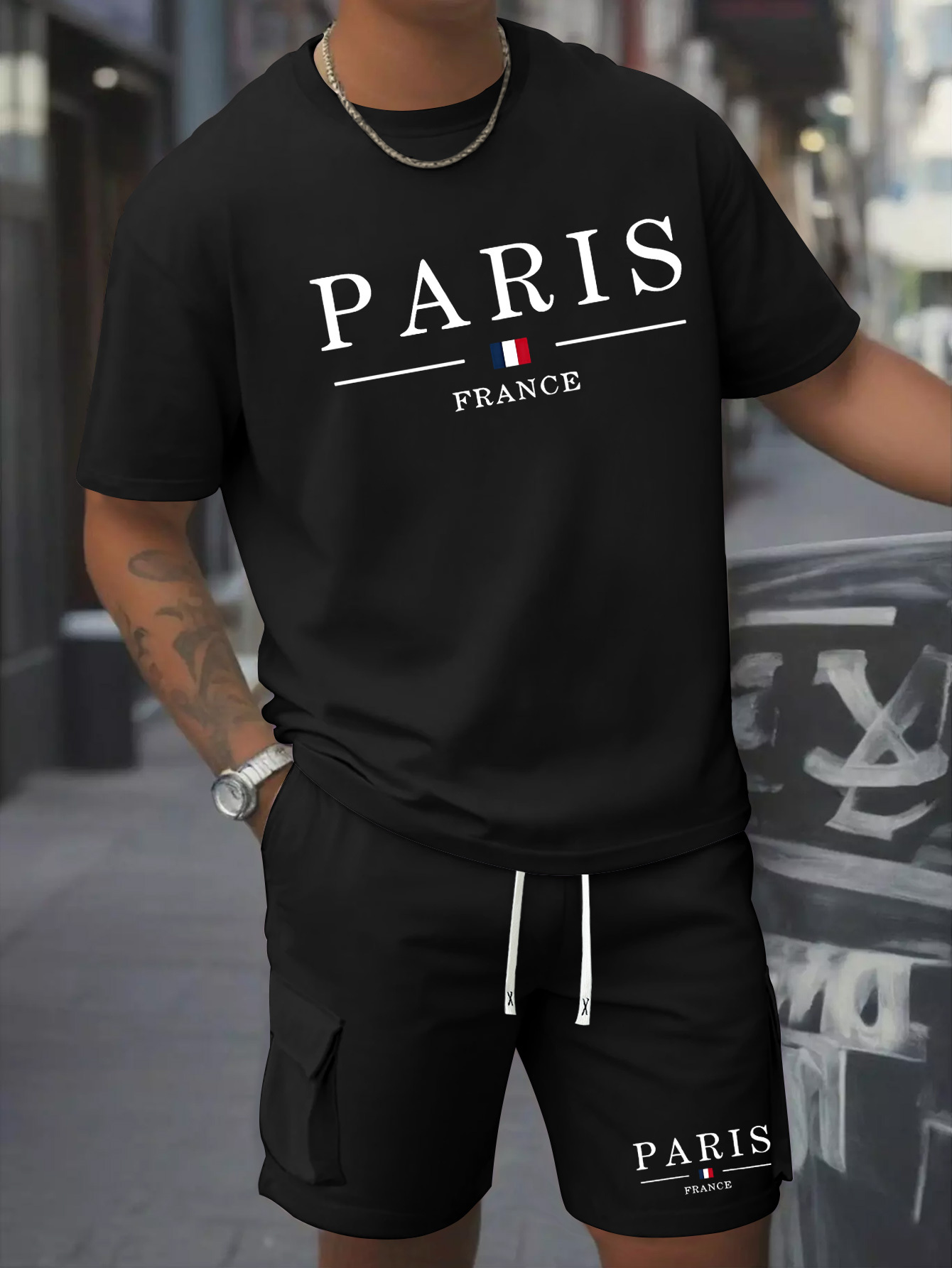 Printed Men's 2pcs Set Round Neck Cotton Short Sleeve T-Shirt and Work Shorts Suit for Spring/Summer