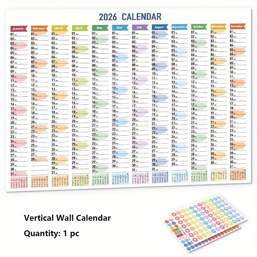 Image of 1pc 2026 Large Wall Calendar - Colorful 365-day Design With Stickers And Tapes - Planner With Memo Sections - Perfect For Office, School And Home Organization