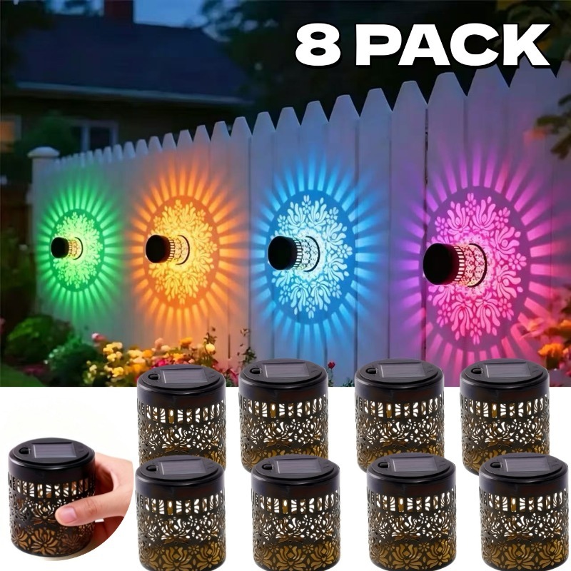8 pack solar outdoor wall lights 7 color changing retro hollow fence lights mandala pattern projection led solar lamps decorative exterior wall lighting for garden patio   yard and backyard