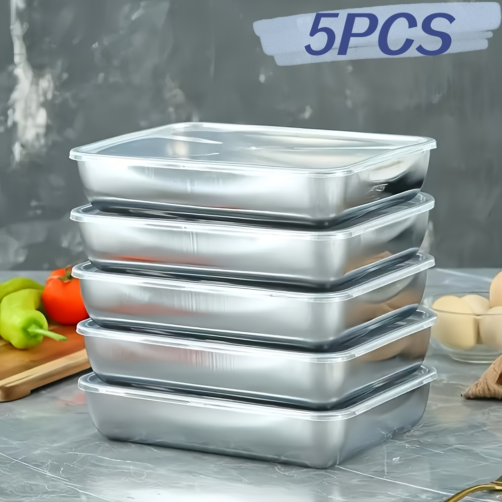 TEMU 5pcs Stainless Steel Food Storage Containers With Airtight Lids - Microwave & Freezer Safe, Stackable Square Containers For Meal Prep, Salad, Fruits, - Space-saving Kitchen & Fridge Organization