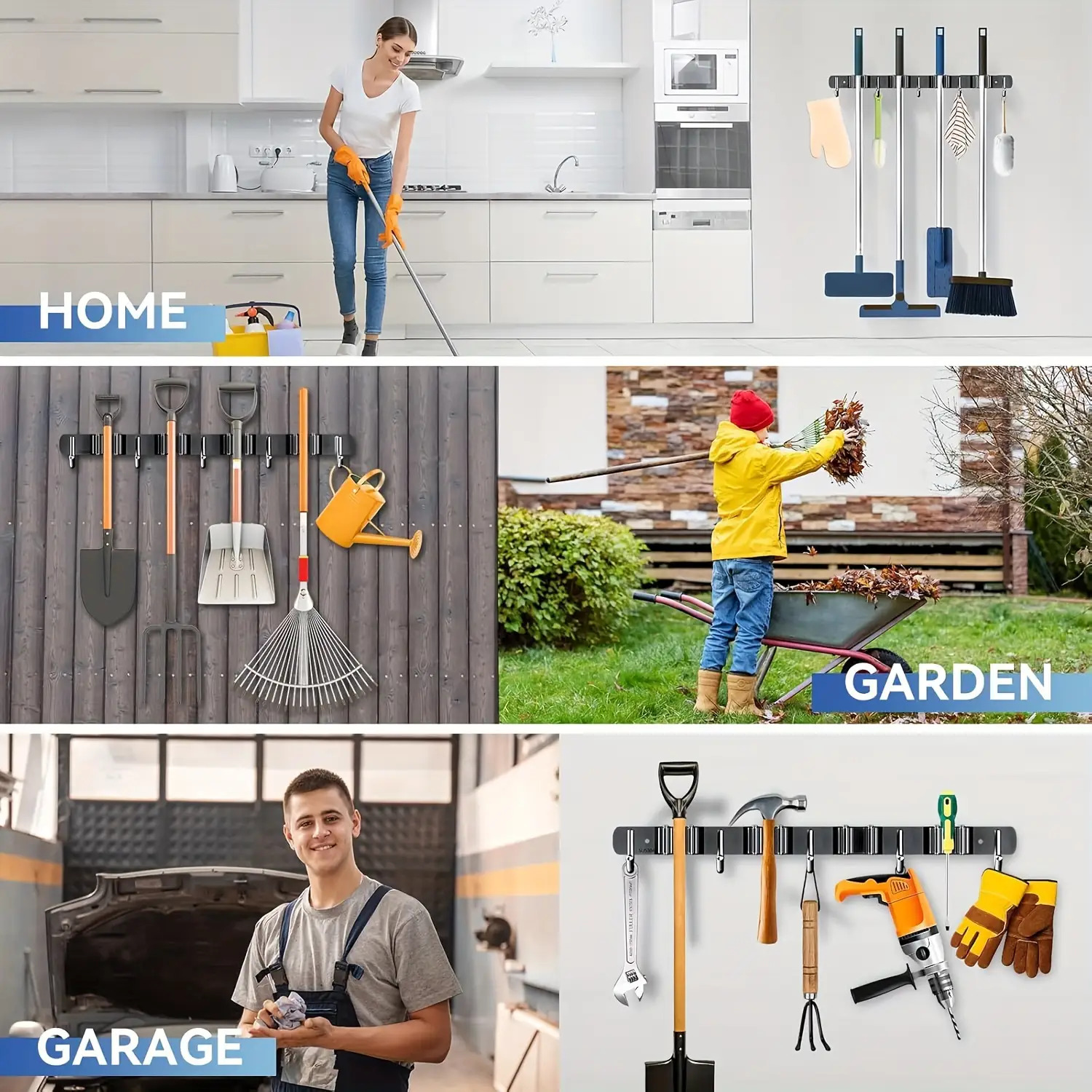 1pc Heavy-Duty Stainless Steel Wall-Mounted Garden Tool Organizer with 4 Racks & 5 Hooks - Powder-Coated Rust-Resistant Utility Shelf for Garage, Kitchen, Laundry Room, Outdoor Storage - Space-Saving Modern Design, Easy Installation with Hardware Included, Durable Tool Storage Organizer, Storage Racks