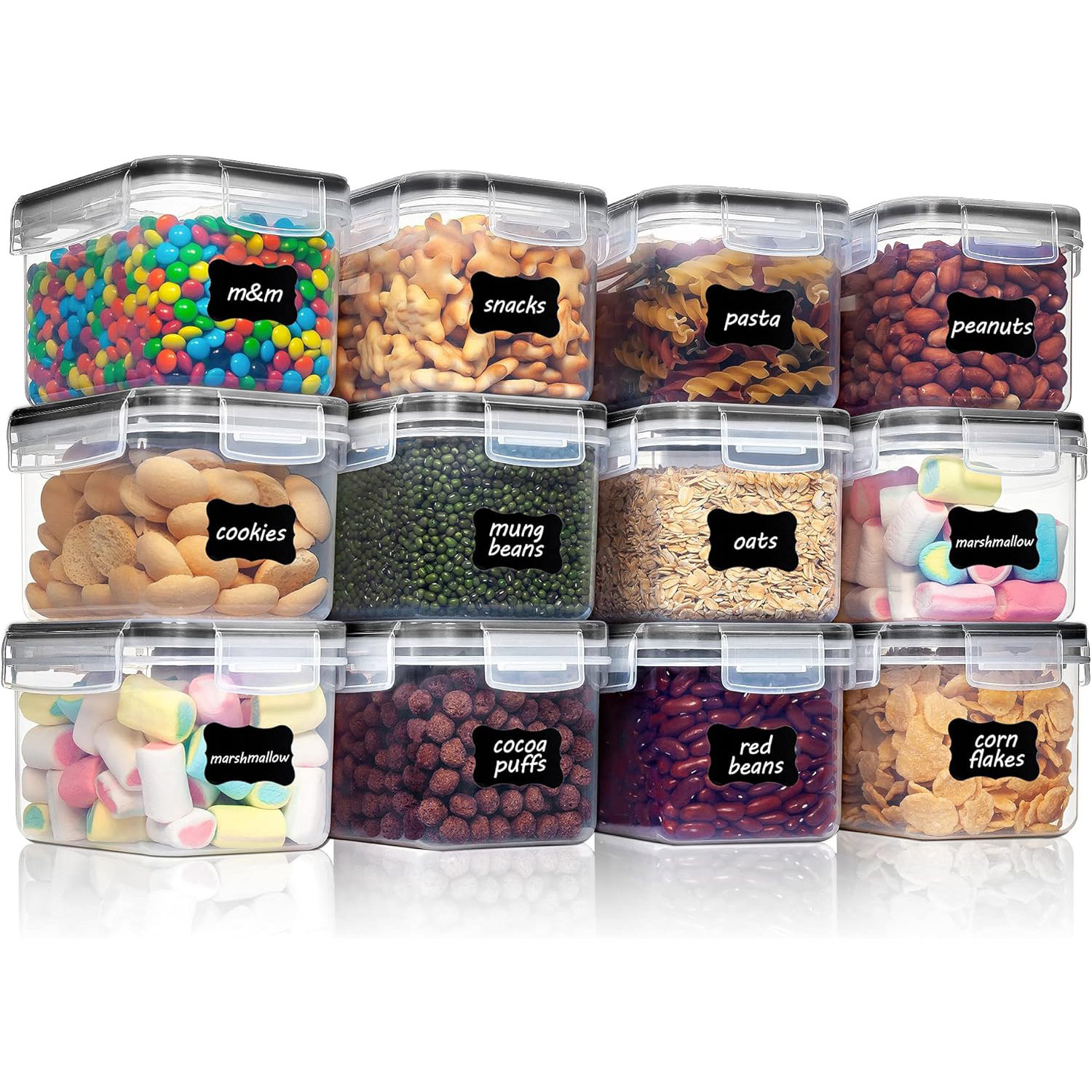 Image of 12 Pack 0.8 L Plastic Airtight Storage Containers, For Cereal And Fresh Food, Dry Food Container, 24 Labels For Cereal, Flour, Sugar