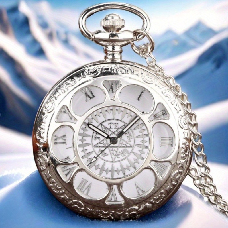 TEMU 1pc Silvery Hollow Flower Quartz Pocket Watch, Classic Necklace Pocket Watch Gifts, Halloween Christmas Birthday Present