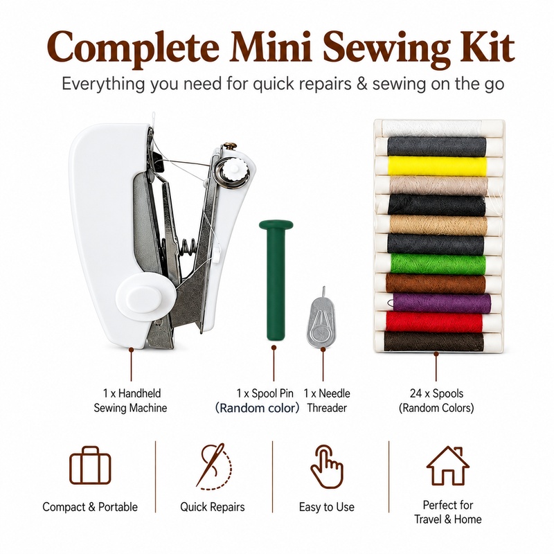 TEMU 27pcs Handheld Mini Sewing Machine Kit, White Portable Manual Sewing Tool With 24 Random Color Thread Spools, Needle And Threader, Household