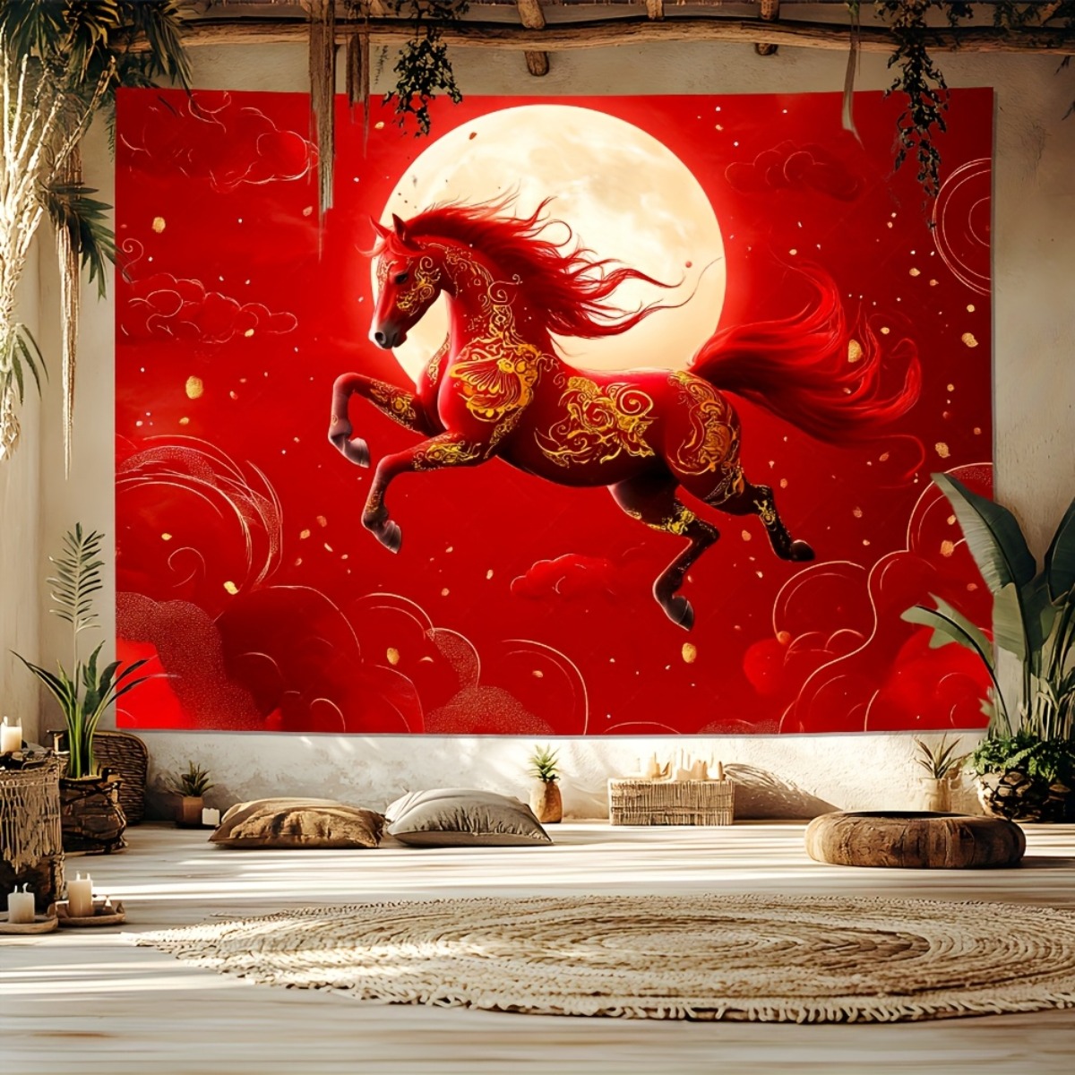 TEMU 1pc Reusable Chinese New Year Wedding Backdrop - Traditional Red & Golden Horse Panel With Leaping Horse & Cloud Patterns, Lightweight For Lunar
