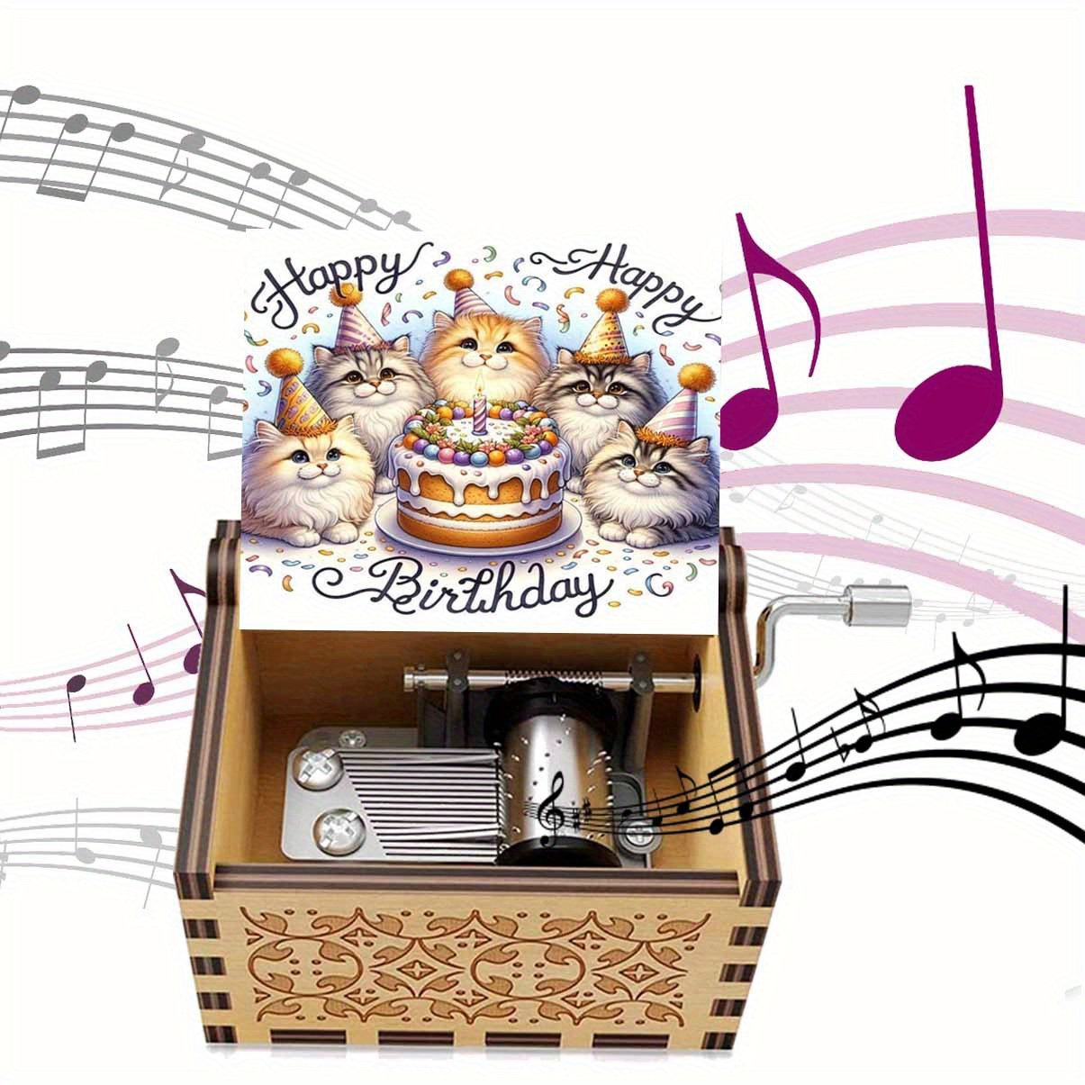 TEMU 1pc Vintage Wooden Hand-crank Music Box - Happy Birthday & Cats Design With 5 Kittens, Cake & Musical Notes, Natural Pine Wood Home Decor Gift