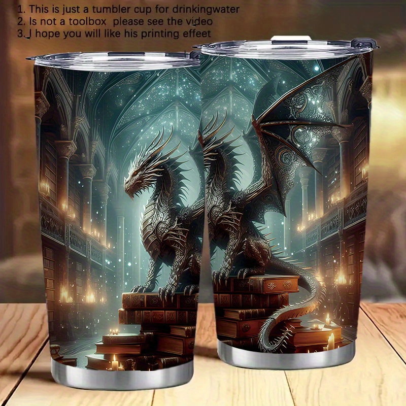 TEMU 20oz Stainless Steel Travel Mug With Vibrant Dragon & Book Design - Shatterproof, Leak-proof Lid, , Travel, And Car Driving, Mug | Mug | Durable