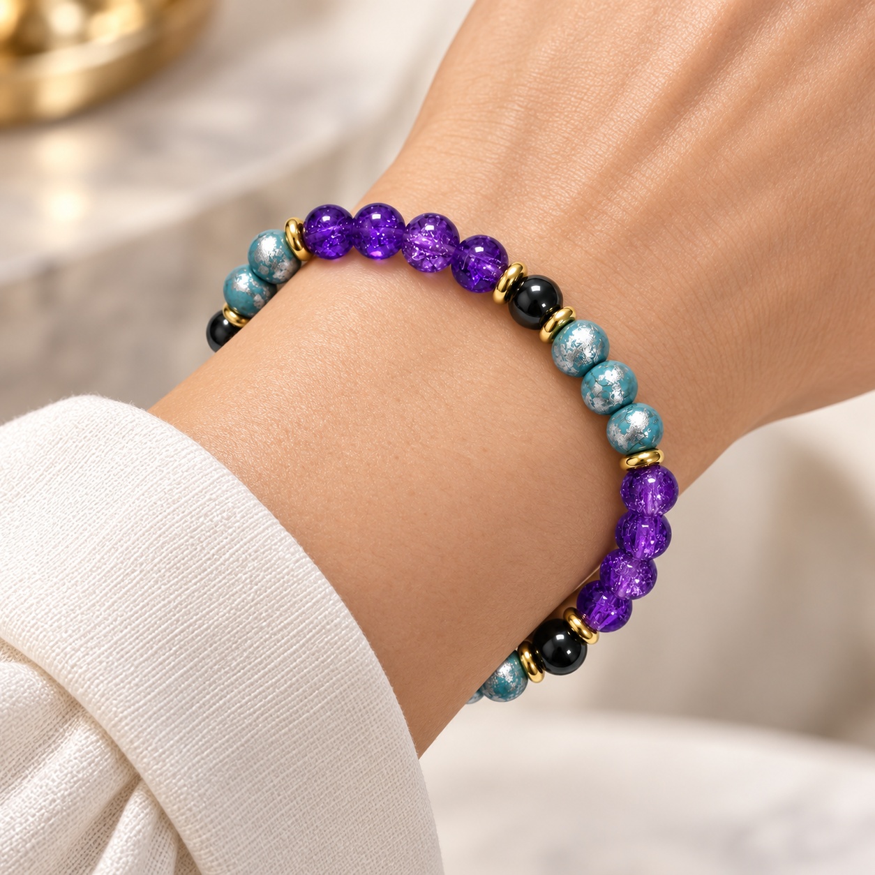 Wealth-Attracting Purple Burst Flower & Flower Quartz Bead Bracelet