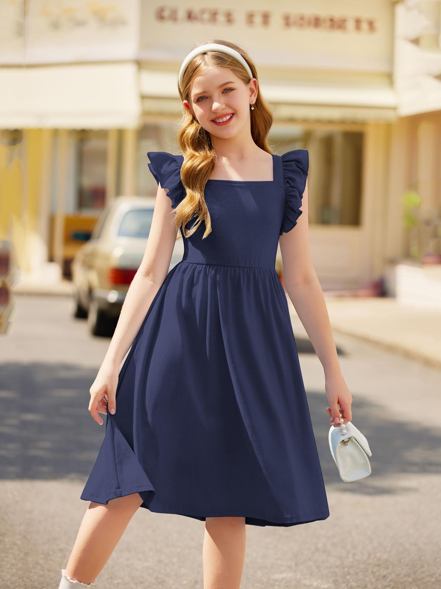 girls summer dress square neck pleated ruffle sleeve tie a - Temu
