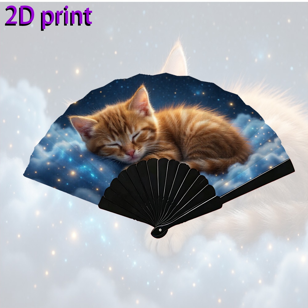 TEMU Éventail pliant de poche 2D plat, 1 pièce, 7 pouces, pour homme et femme, motif chaton tigré orange 2D sur des , portable et rafraîchissant,