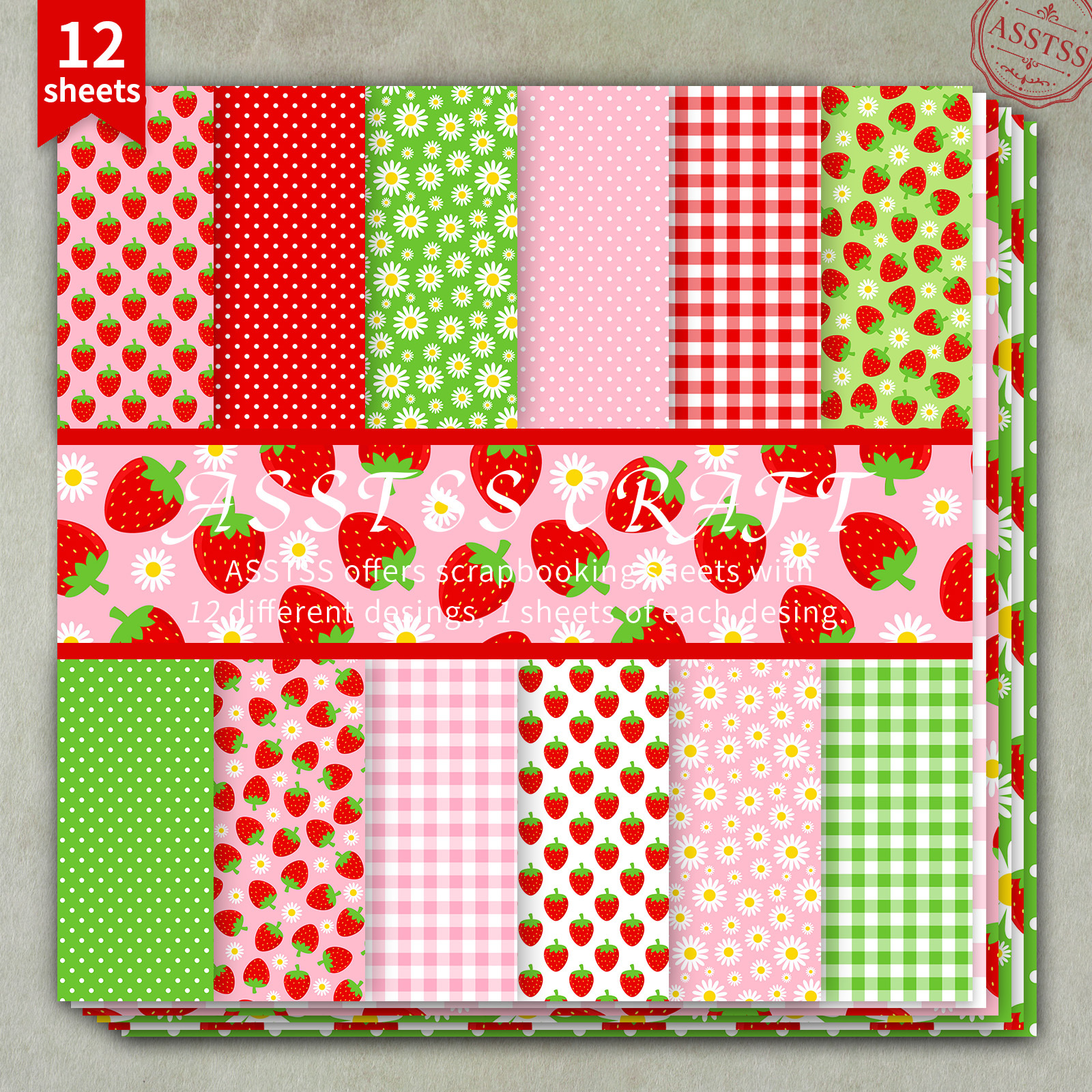 TEMU Bloc de papier scrapbooking ASSTSS de 12 feuilles 6X6 pouces, papier de base rouge-vert à carreaux gingham marguerite style , papier cartonné