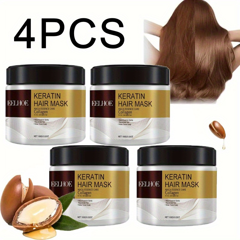 A Set Of 4 Keratin Hair Masks Containing Argan Oil And Collagen(100 Grams Each)- Moisturizes And Cares For Dry And Damaged Hair- Suitable For All Hair Types, Including Curly, Straight, Dyed, And Hair