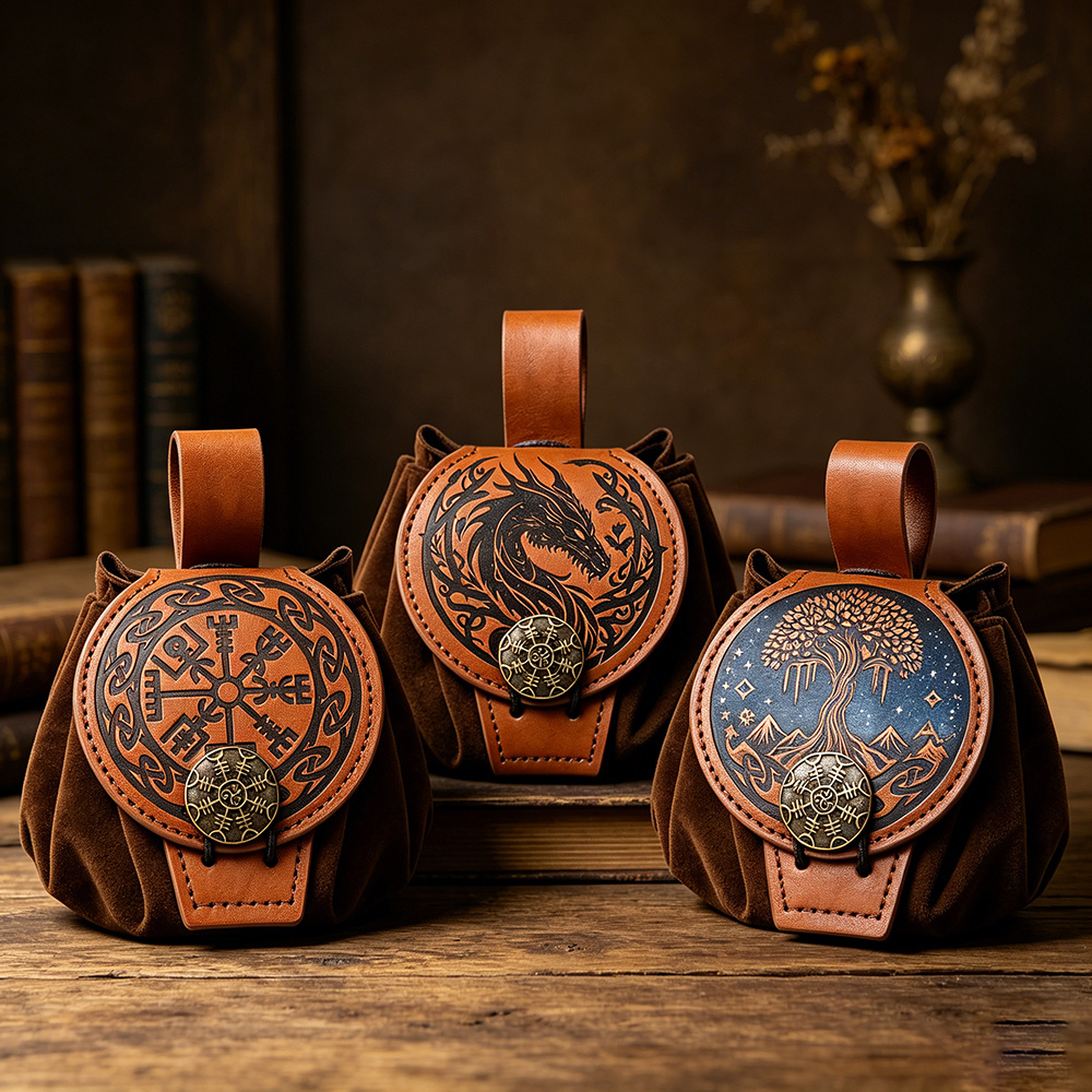 TEMU 3-pack Medieval Tree Of Life Pouches | Nordic Viking Compass Embossed Drawstring Waist Bag, For Viking Roleplay, , Renaissance Fairs
