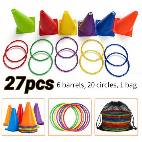 item picture random color multi project party gift pack 27pcs training set barrels 20 rings 1 storage bag football basketball speed training equipment parent child outdoor activities