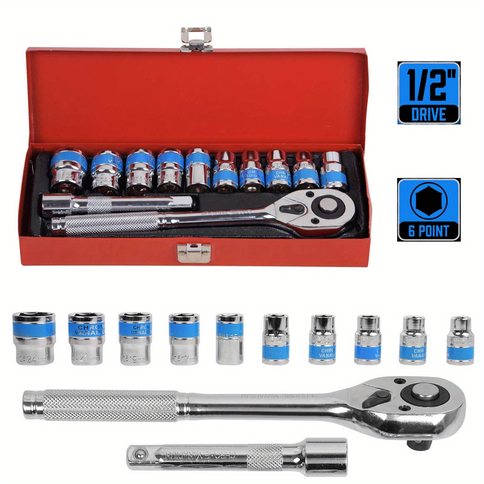 12pcs Socket Wrench Set with 1/2" Ratchet and Extension