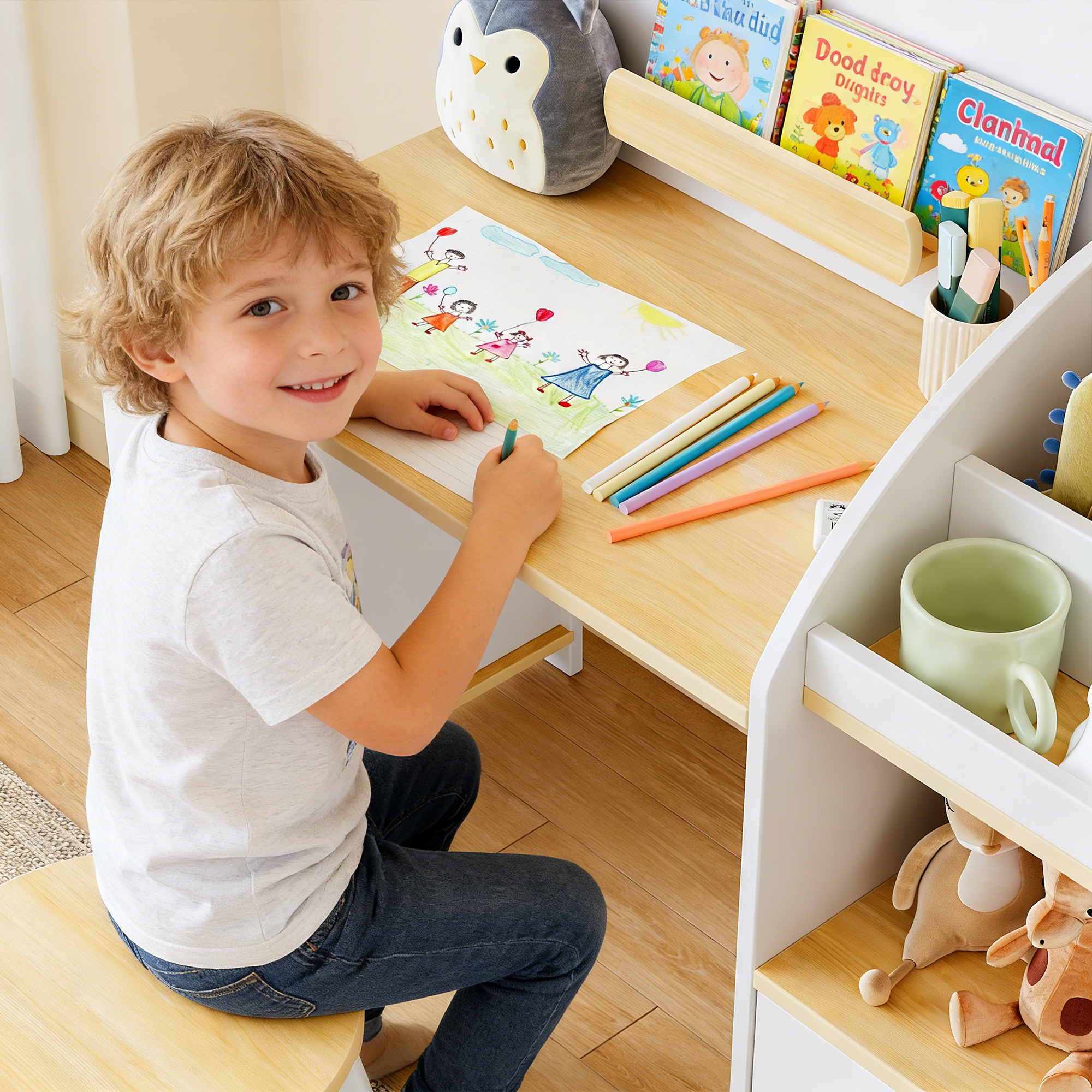 Kids Desk And Chair Set with Storage And 1 Stool, Wooden Kids Desk W/ 2 Storage Cabinets And Bookshelves, Children Writing Drawing Table, Student Kid Study Table for Boys, Girls