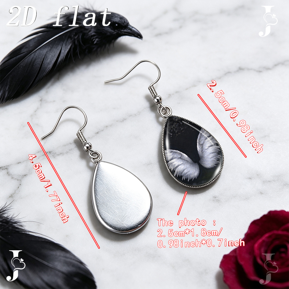 Teardrop Dangle Earrings with Black Background and White Angel Wings