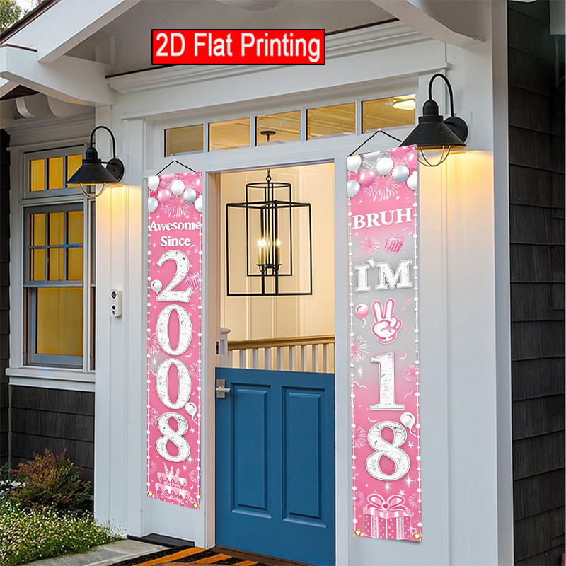 TEMU Plat 2D, Bannière de Porte 2D, 2pcs Bannière de Porte Plate 2D en Polyester pour 18e Anniversaire Drapeau Rose Depuis 2008 Bruh J'ai 18 Ans