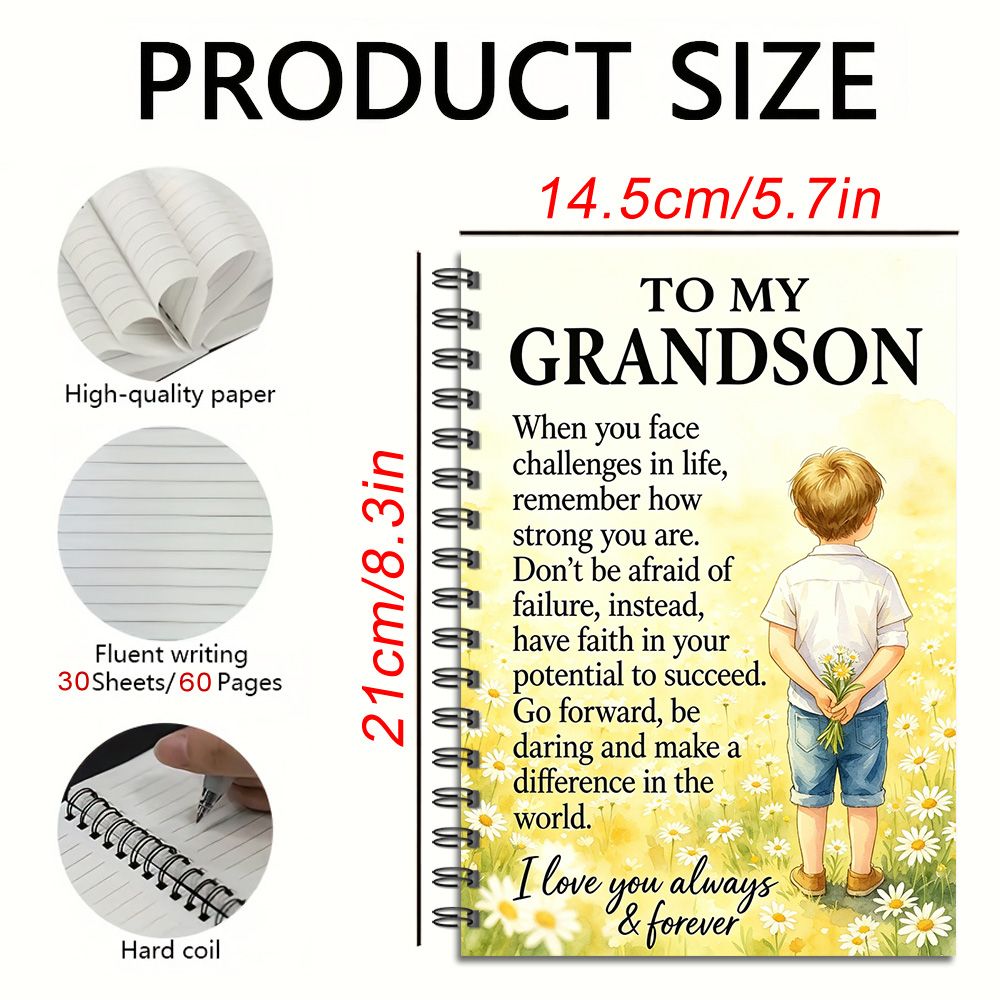 TEMU Inspirational, Notebook, To My Grandson Quote, Lined Pages, Gift For Him, 5.7x8.3in, 60 Sheets