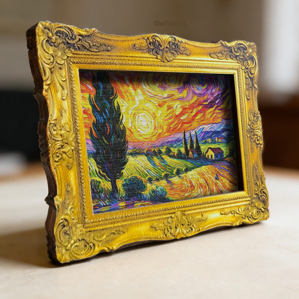 TEMU 1pc Wooden Van Gogh Style Wheat Field Sunset Fridge Magnet, Miniature Decorative Painting, Wooden Fridge Sticker, Vibrant Colors Depicting