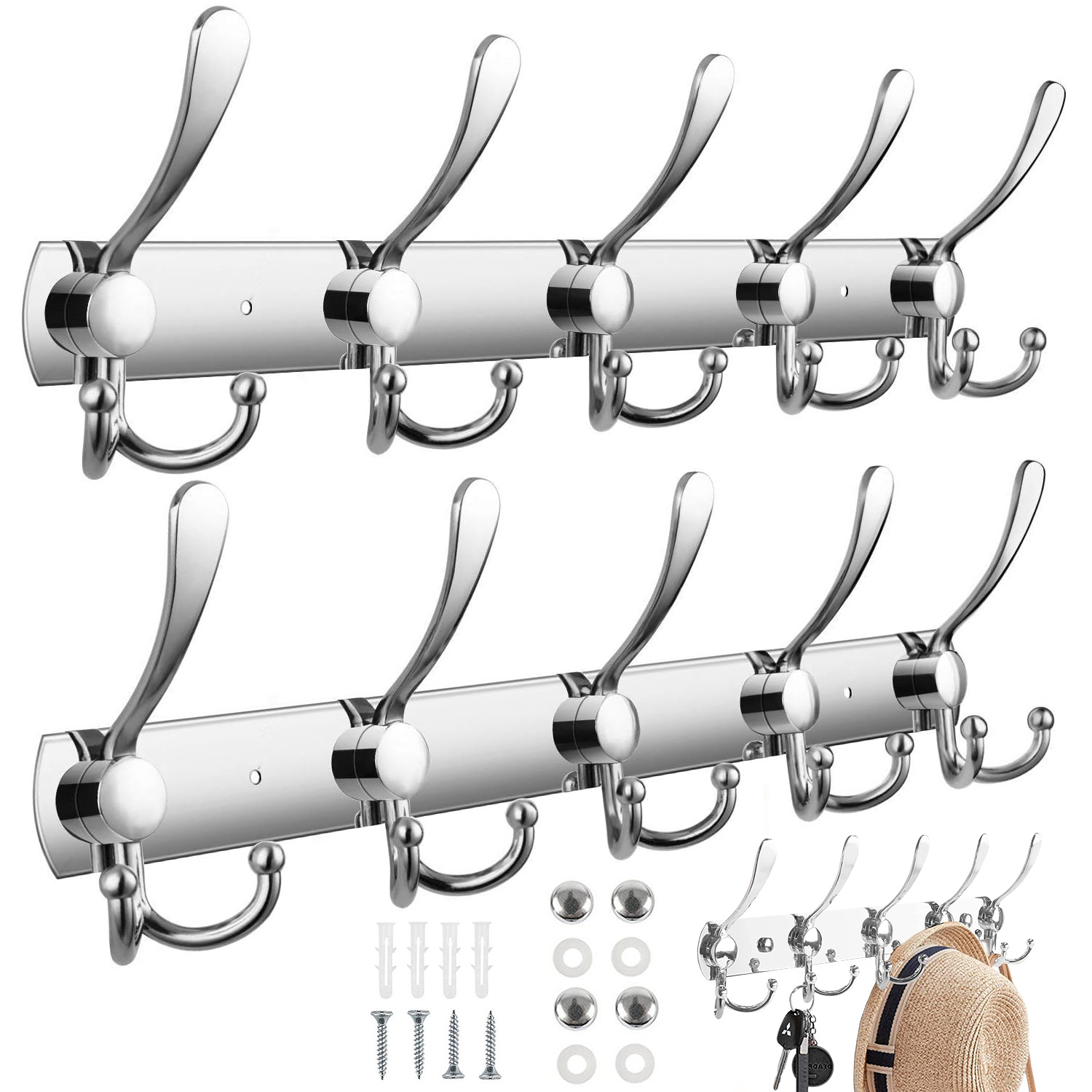 2pcs Coat Rack Wall Mount, Rack Rail For Towel Hat Robes, Entryway Bathroom Hanger Organizer For Clothes Bags Hat