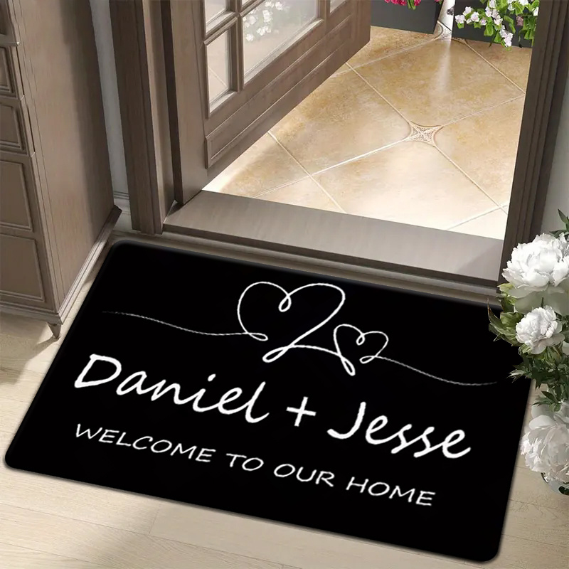 TEMU 1 Personalized Doormat - Custom Name And Wedding/valentine's Day Gift - Machine Washable - Elegant Heart-shaped Cursive Script - Indoor/outdoor