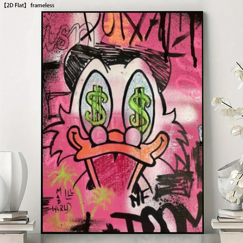 TEMU 2d Flat, Posters And Prints, 2d Flat: A Frameless Canvas Painting Featuring A Pink Dollar Eye Cartoon Graffiti. Modern Home Decor With Vibrant