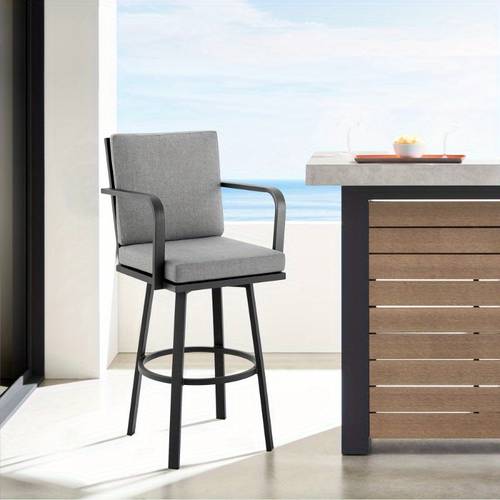 26 inch swivel bar stool for outdoor patio black aluminum frame with gray cushion weather resistant and adjustable height garden deck or poolside use