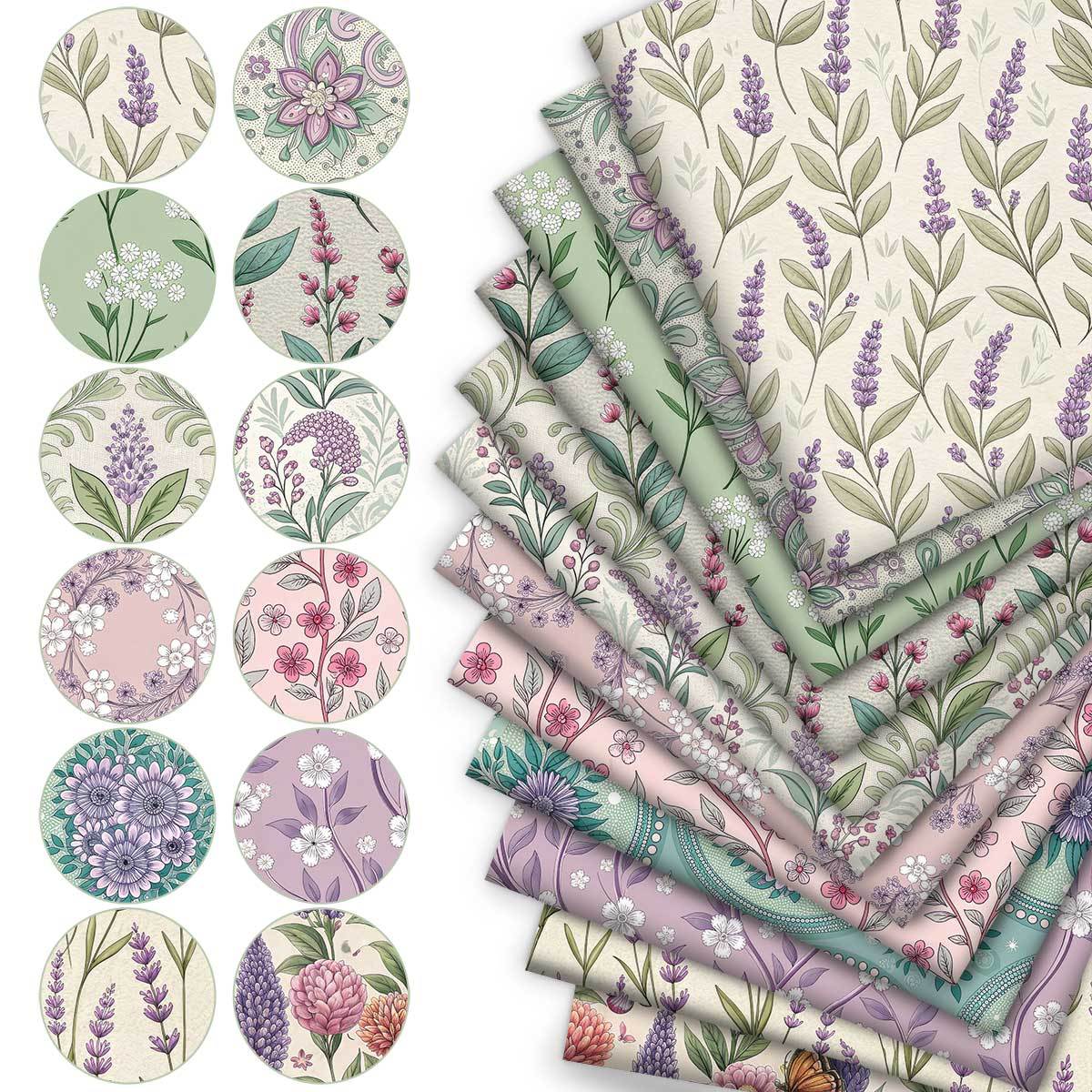 E-shop 12 Stück 9,45 x 19,7 Zoll Eleganter Pastoral Stil Lavendel Verstreuter Blumendruck Frische Pflanze Blumenmuster Stoff 12 Stück Gesamt Design