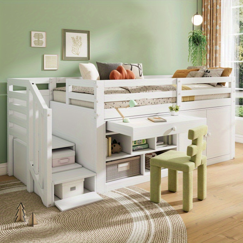 Multifunctional White Wooden 'S Bed with Stairs Storage Space and Reversible Drawers for Desk Use Left Right Interchangeable Design 90190 cm Without Mattress