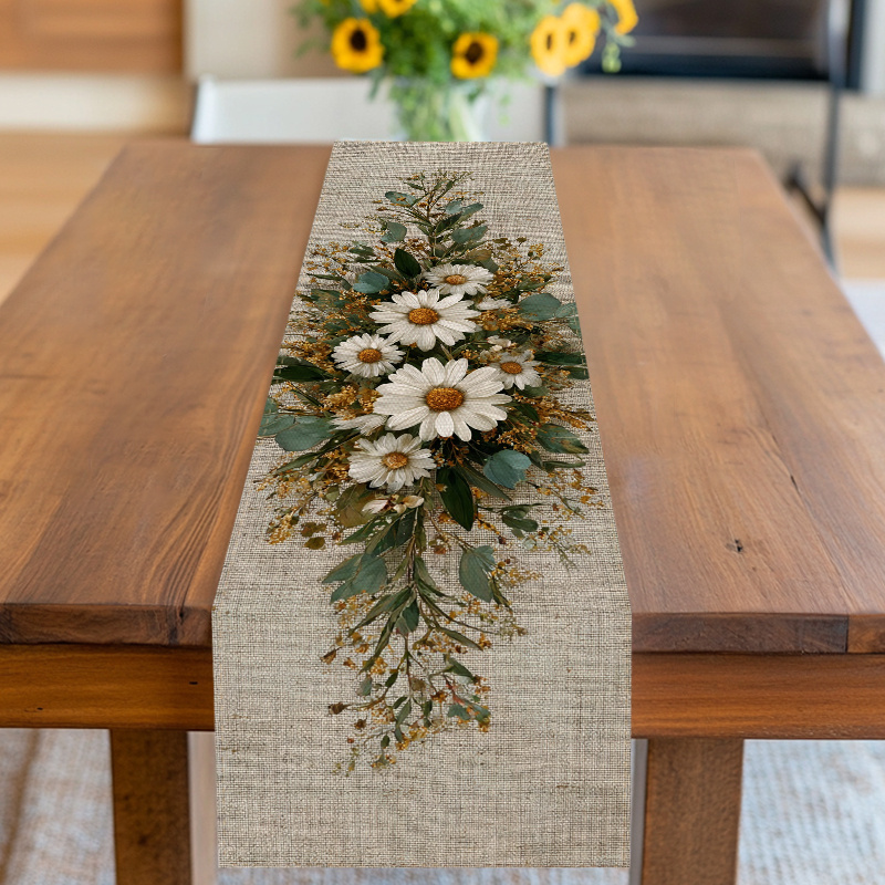 TEMU Table Runner And Cover Featuring A Daisy And Greenery Design With Natural Elements In Neutral Tones, Ideal For Spring, Mother's Day, Birthdays,