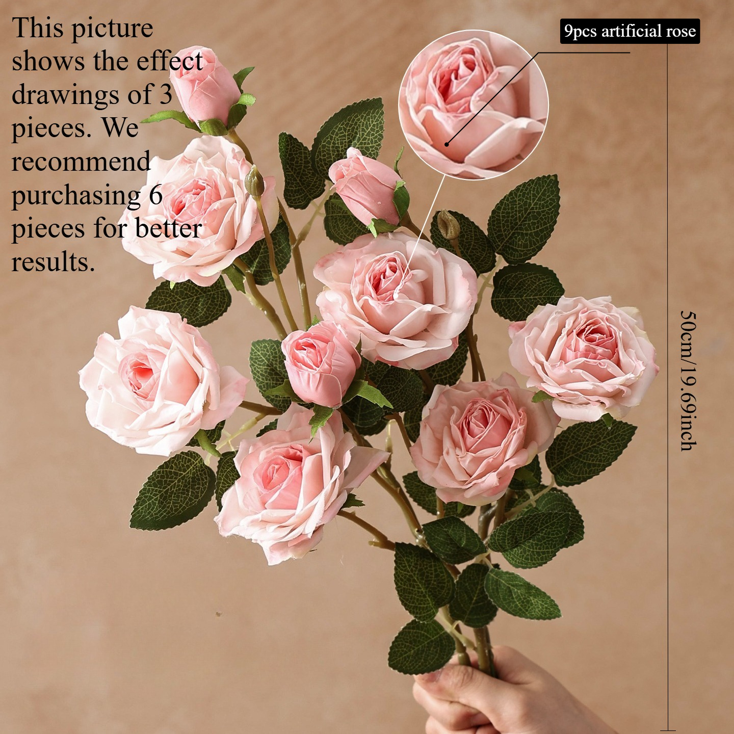 TEMU 3 Bundles 9 Heads Artificial Pink White Roses Bouquets, 50cm Realistic Silk Fake Rose Stems, Long Lasting Faux Flowers For Wedding Centerpieces,