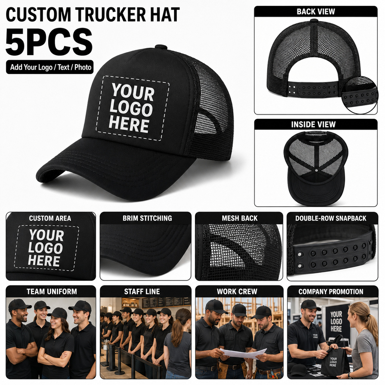 TEMU 5pcs Personalized Custom Baseball Caps, Mesh Trucker Hats, Custom Text, Personalized Print Design, Adjustable Size, Breathable And Lightweight,
