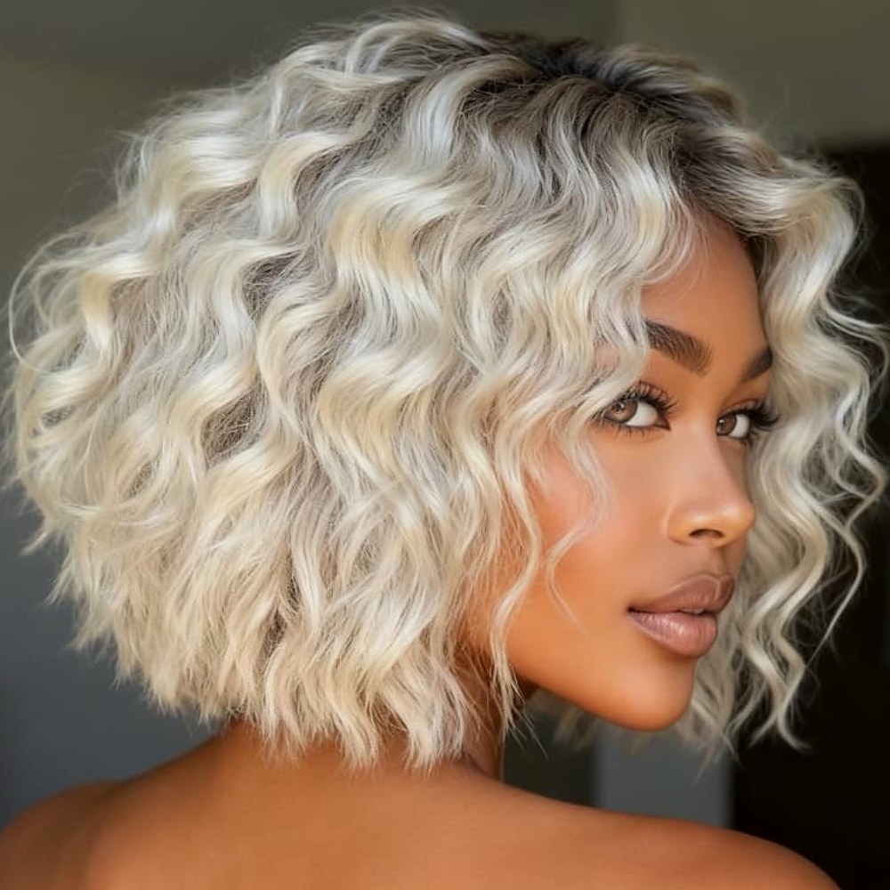 TEMU Women's Short Bob Wig With Gradient Brown Root & Blonde Ends - Heat-resistant Fiber Hair Suitable For Casual Attire, Body Texture, Blonde